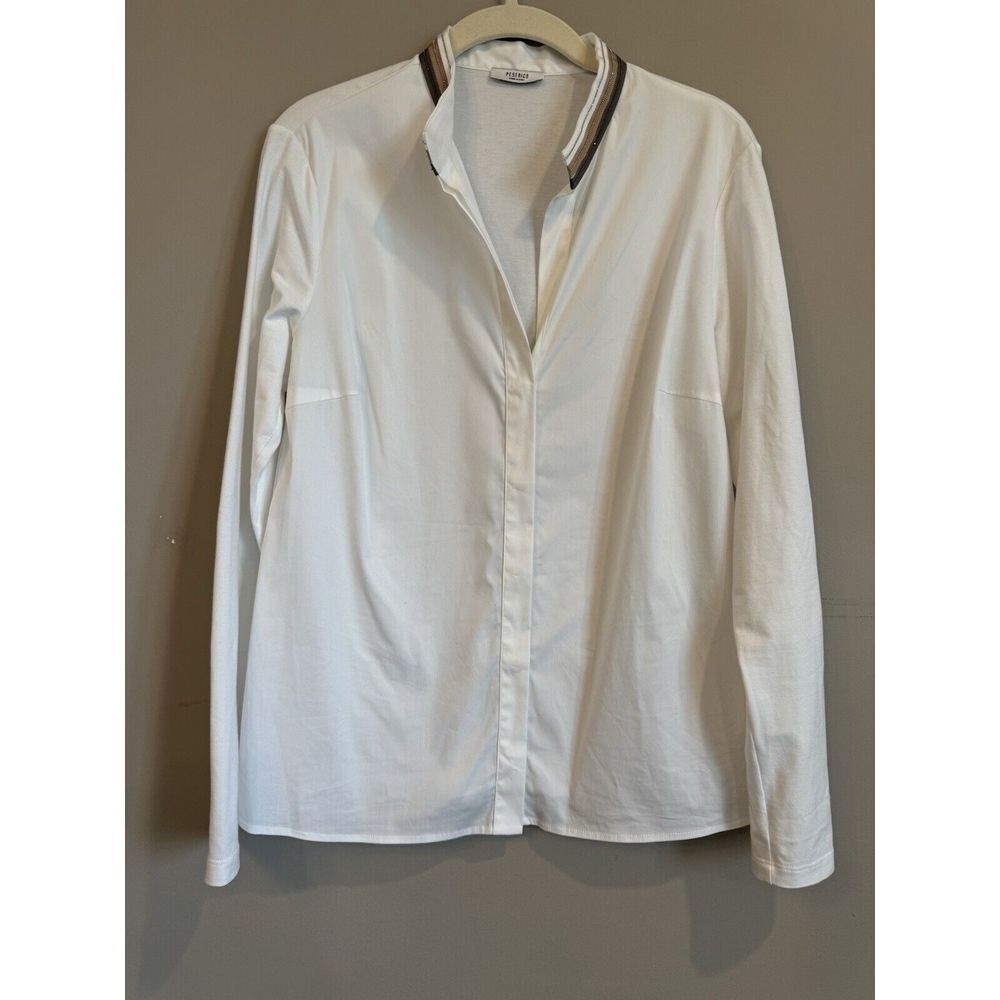 Peserico White Long Sleeve Collared Blouse with Contrast Trim